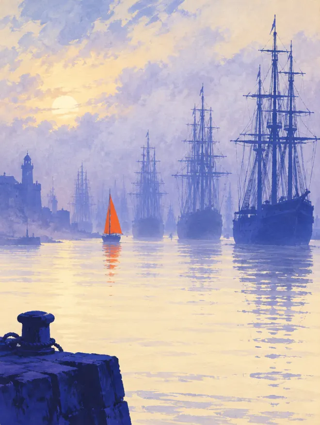 Tall ships at anchor in a harbour, half hidden in pale morning haze