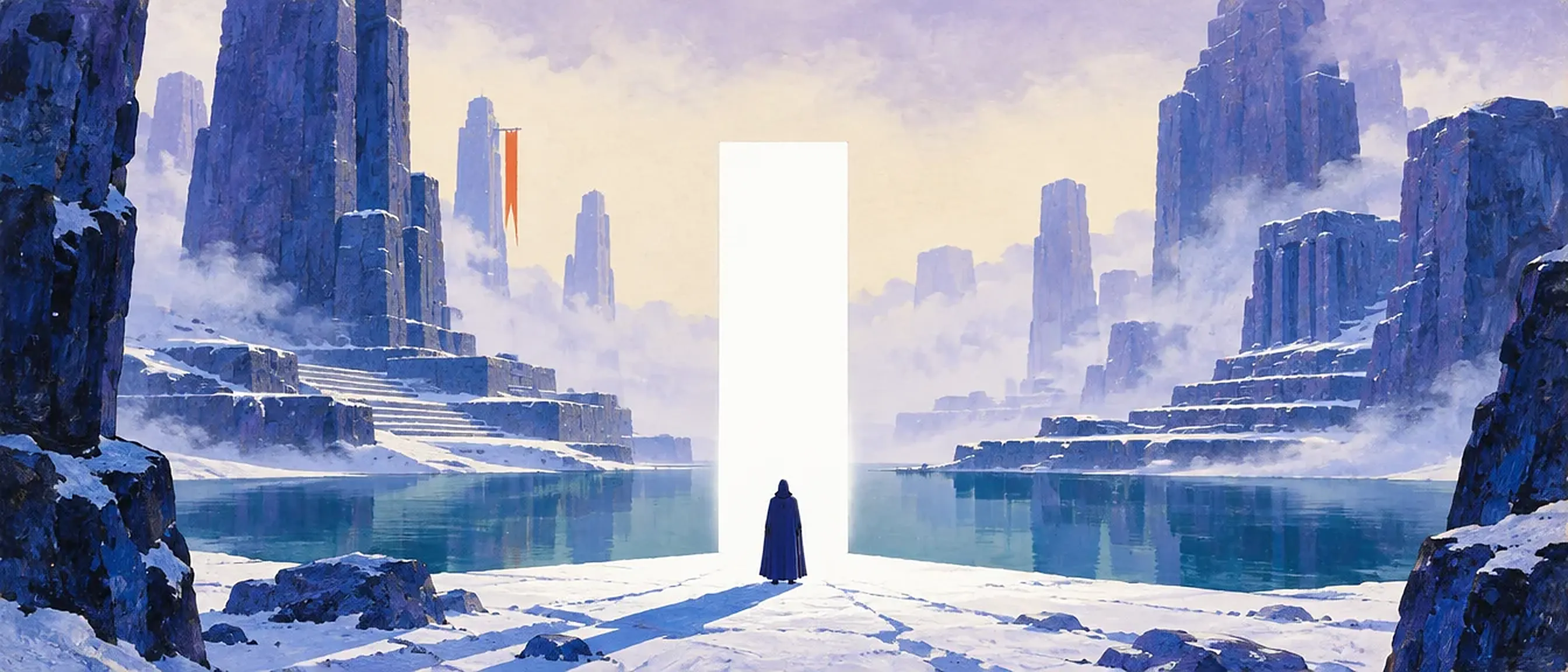 A cloaked figure stands before a blank white slab among violet stone towers half lost in mist